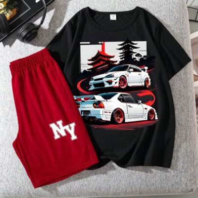 White Car, Tween Boys’ Casual Simple Round Neck Short Sleeve T-Shirts And Shorts Set, Summer