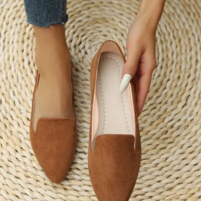 Women Ballets Faux Suede Point Toe Elegant Flats For Commute Brown, Brown Elegant Solid Color Loafers Women’s Flat Shoes
