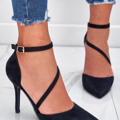 Women Black Buckle Decor Stiletto Heeled Pumps, Elegant Point Toe Ankle Strap Pumps