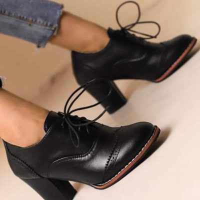Women Black Lace-up Front Pumps, Elegant Round Toe Chunky Heeled Pumps