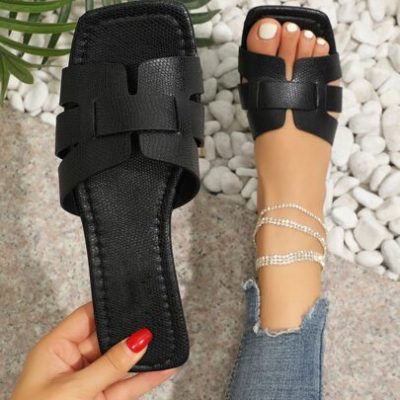 Women Black Snakeskin Embossed Slide Sandals, Elegant Open Toe Sandals