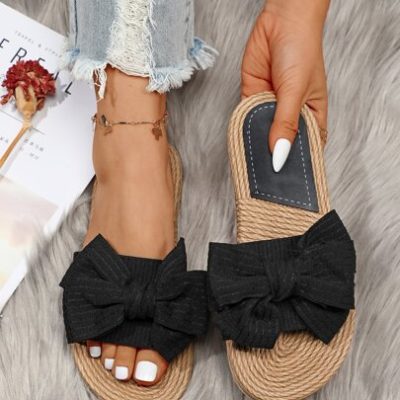 Women Bow Decor Strap Slides, Fashionable Open Toe Flat Sandals For Vacation