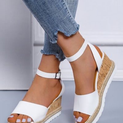 Women Buckle Decor Solid White Ankle Strap Wedge Sandals, Vacation Wedge Sandals