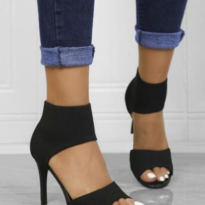 Women Minimalist Stiletto Heeled Ankle Strap Sandals, Elegant Black Solid Heeled Sandals