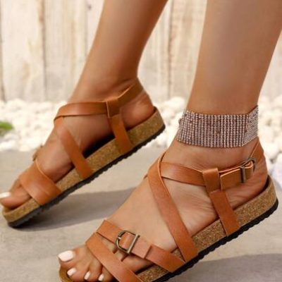 Women Multiple Straps Metal Buckle Round Toe Suede-Like Mid-Sole Fashionable And Comfortable Flat Sandals