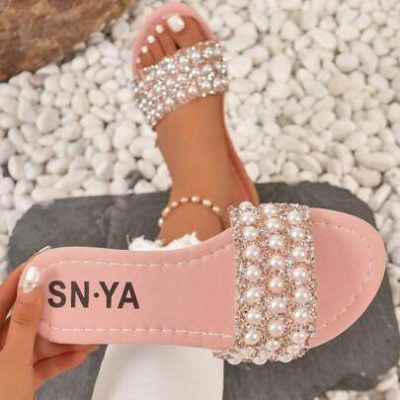 Women Rhinestone & Faux Pearl Decor Slide Sandals, Fashion Summer Flat Sandals