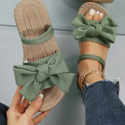 Women Ribbed Knit Bow Espadrille Open Toe Slide Sandals, Vacation Outdoor Polyester Flat Sandals