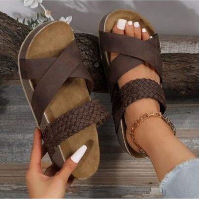 Women Sandals New Thick Bottom Braided Cross Casual Solid Color Slippers Beach Sandals