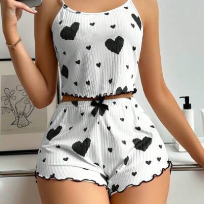 Women Summer Love Heart Print Tank Top And Shorts Pajama Set