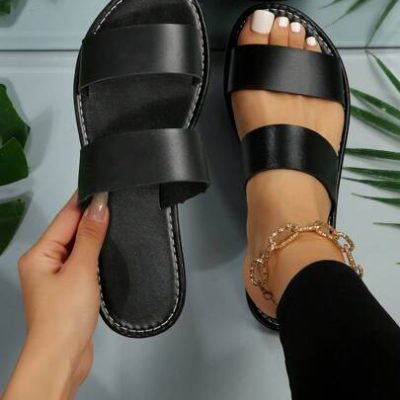Women Two Part Slide Sandals, Elegant Black Flat Sandals For Summer