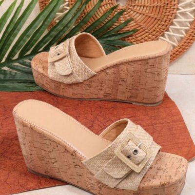 Women’S Beige Wedge Heeled Platform Sandals