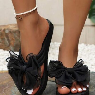 Women’s Bowknot Decor Platform Flip Flops, Slip On Casual Non-Slip Summer Slides, Vacation Beach Wedge Slides, Ladies Black Shoes