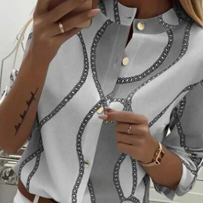 Women’s Chain Print Stand Collar Long Sleeve Shirt