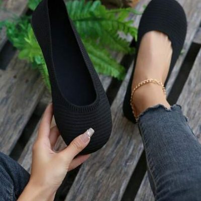 Women’s Comfortable Wide-Fit Solid Color Elastic Knitted Upper Flat Shoes For Work