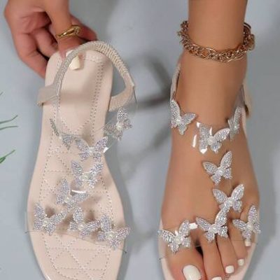 Women’s Elegant Black Bow Knot Rhinestone Decor Flat Sandals With Square Open Toe For Summer