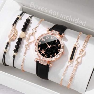 Women’s Fashion Pu Leather Strap Quartz Wristwatch & Bracelet Set With Rhinestone Petal Design Dial (6pcs/set)