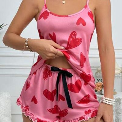 Women’s Heart Pattern Camisole Top And Shorts Pajama Set