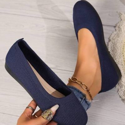 Women’S Knitted Office Casual Shallow Mouth Shoes, Solid Color Slip-On Wedge Heels, Flat Round Toe Versatile Basic Shoes, All Seasons