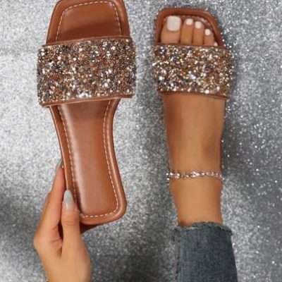 Women’s Large Size Flat Sandals, Summer Slippers With Rhinestone Decoration, Beach Shoes