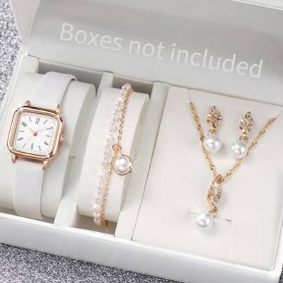 Women’s Leather Strap Fashionable Simple Square Dial Quartz Wristwatch + Pearl Jewelry Set (5pcs/Set)