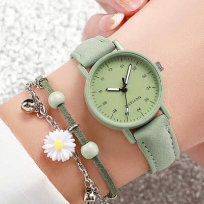 Women’s Pu Leather Strap Quartz Watch With Small Dial & Scale + Bracelet Set (2pcs)