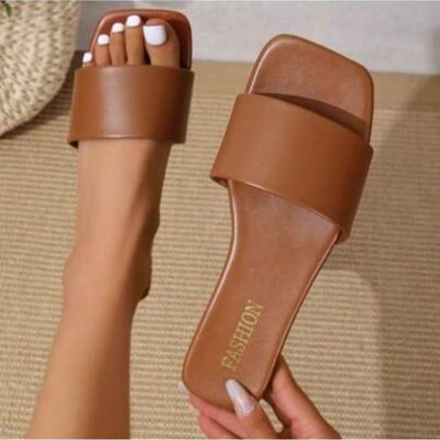 Women’s Square Open Toe Flat Sandals Slip On Slide Sandals One Strap Flat Sandals