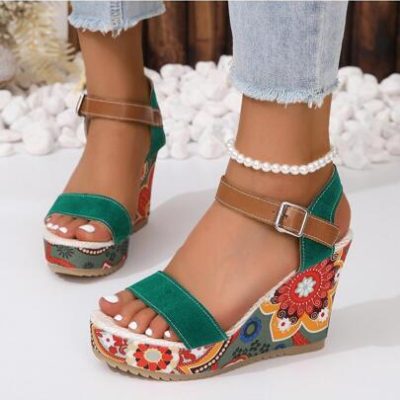 Women’s Thick Platform Wedge Heel Sandals With Flower Pattern For Summer 2024, High Waterproof Block Heel, Big Size, Ankle Strap
