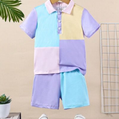 Young Boy 2pcs/Set Macaroon Color-Block Polo Shirt And Shorts Casual Outfits For Summer