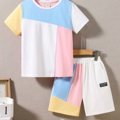 Young Boy Casual Round Neck Color Block Short Sleeve T-Shirt And Shorts 2pcs/Set