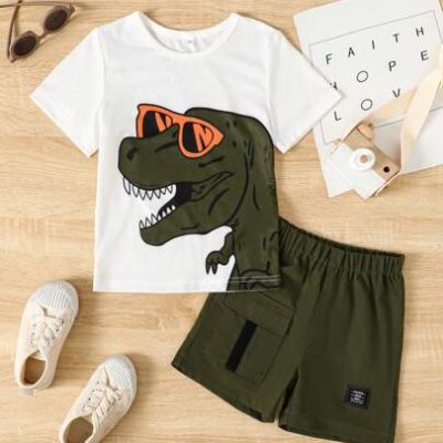 Young Boy Dinosaur Digital Print Round Neck Short Sleeved T-Shirt And Flip Pocket Work Shorts Summer Casual Sports Set