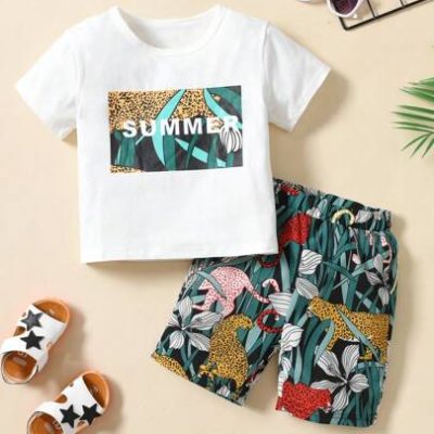 Young Boy Letter & Floral Print Tee & Shorts