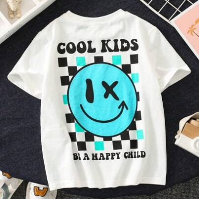 Young Boys’ Casual Short Sleeve T-Shirt With Face & Letter Print, Comfortable & Breathable, Suitable For Spring And Summer