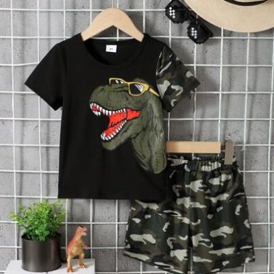 Young Boys’ Dinosaur Printed Camouflage Patchwork T-Shirt And Shorts Set