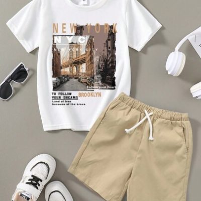 Young Boys’ Scenery Pattern Printed Short Sleeve T-Shirt And Drawstring Waist Shorts