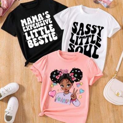 Young Girl 3pcs/Set Letter & Cartoon Pattern Printed Short Sleeve T-Shirt For Summer