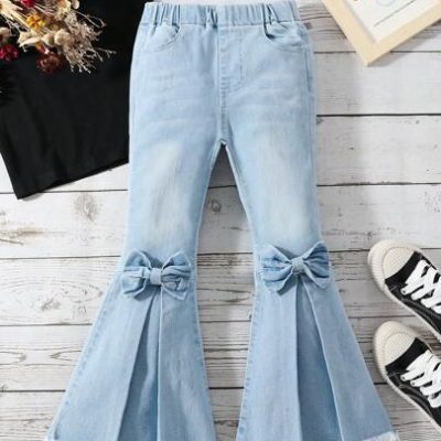 Young Girl Bow Front Fold Pleated Raw Hem Flare Leg Jeans