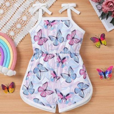 Young Girl Butterfly Printed Comfortable Strap Jumpsuit Shorts