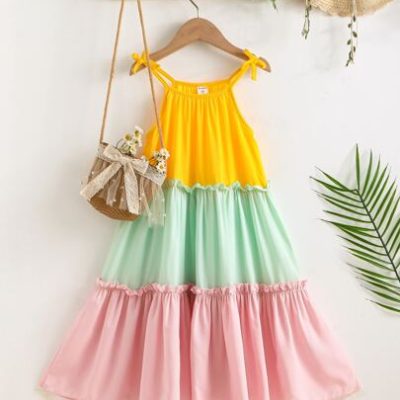 Young Girl Colorblock Bow Shoulder Ruffle Hem Cami Dress