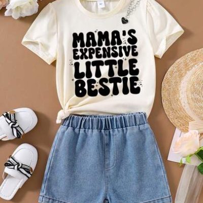 Young Girl Letter Print T-Shirt And Denim Shorts Two-Piece Set