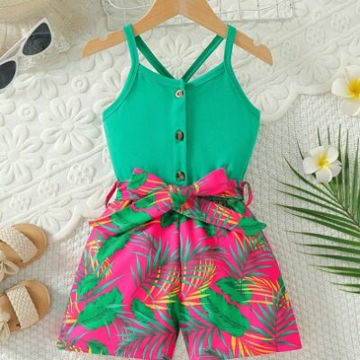 Young Girl Plant Printed Cami Romper