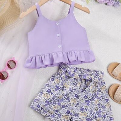 Young Girl Ruffle Hem Cami Top & Floral Print Belted Shorts