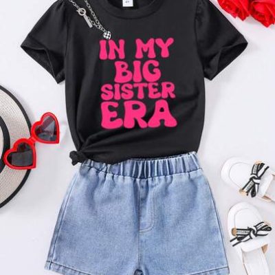 Young Girl Slogan Printed Short Sleeve 2pcs/Set