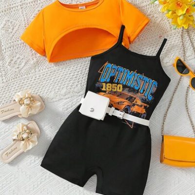 Young Girl Summer Short Sleeve T-Shirt, Car & Letter Printed Jumpsuit & Waist Bag 3pcs Outfit