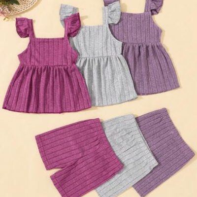 Young Girls’ 3pcs/Set Ruffle Hem Camisole Top & Shorts Outfit Set, Summer