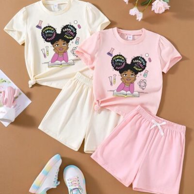 Young Girls’ Cartoon Printed Short Sleeve Top And Shorts Set