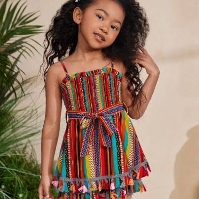 Young Girl’s Daily Casual Spring/Summer Woven Multicolor Striped Cami Jumpsuit