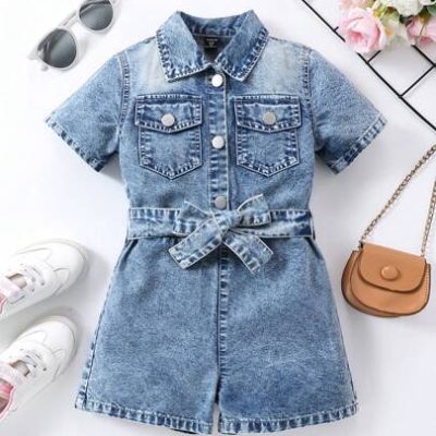 Young Girls’ Denim Romper With Shirt Collar And Short Sleeves