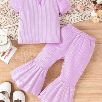 Young Girls’ Elegant Short-Sleeved Striped Top And Flared Thin Pants Set For Summer