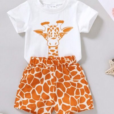 Young Girls’ Elegant & Sweet & Lovely Giraffe Pattern Printed T-Shirt And Striped Pattern Printed Shorts Set, Suitable For Casual / Vacation / Party