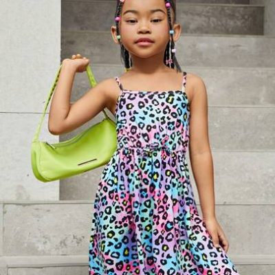 Young Girl’s Fashionable Knitted Multicolor Leopard Print Spaghetti Strap Dress For Spring/Summer